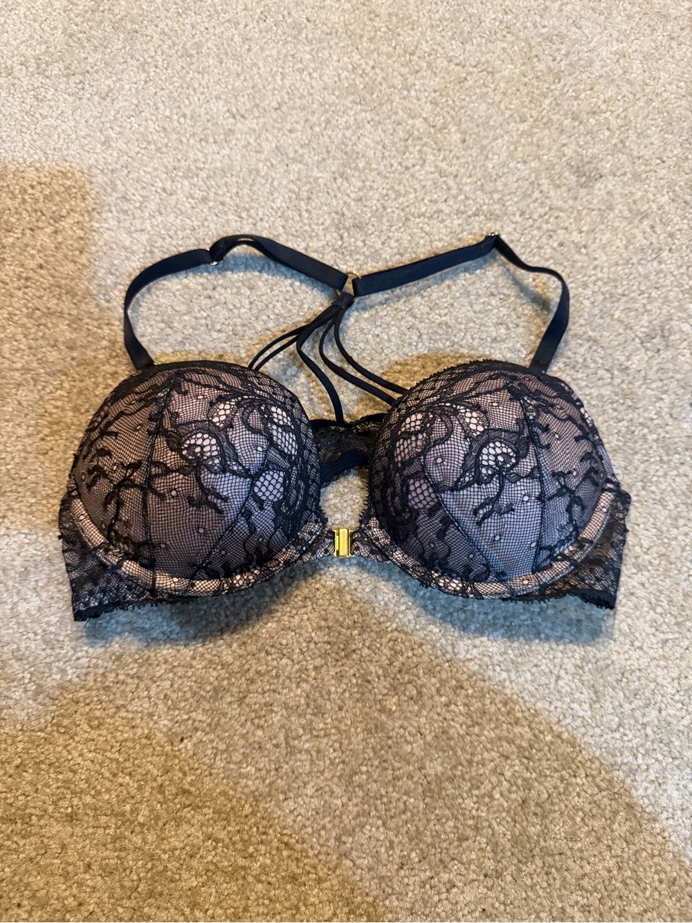 Victoria's Secret Black Lace Bombshell Push-Up Bra with Nude Underlay